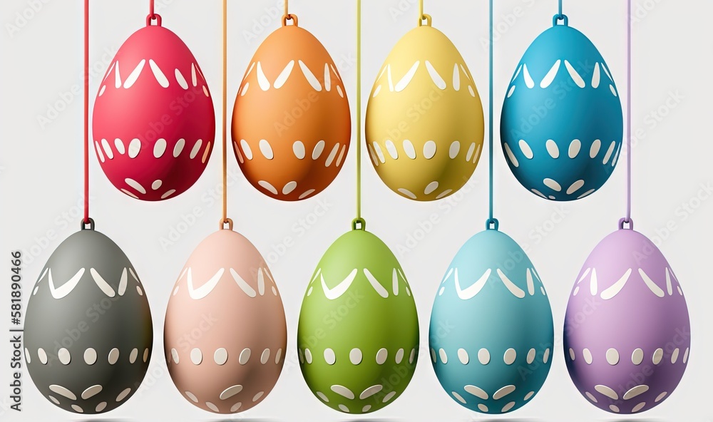  a bunch of colorful easter eggs hanging from a line of strings on a white background with a shadow 