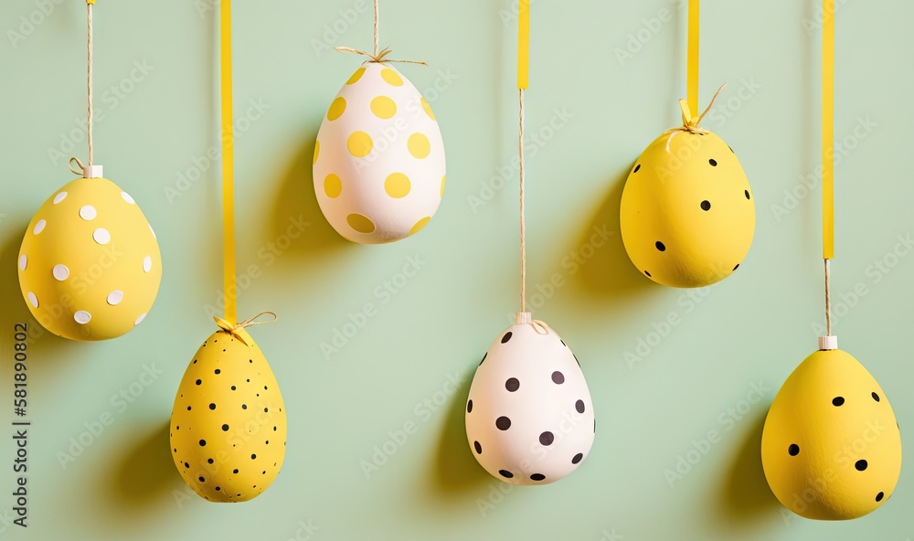  a group of painted eggs hanging from a line on a green wall with polka dots on them and a yellow st