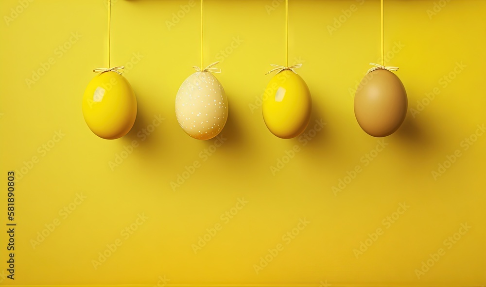  three eggs hanging from a line on a yellow wall with a wooden frame hanging from the wall and a yel