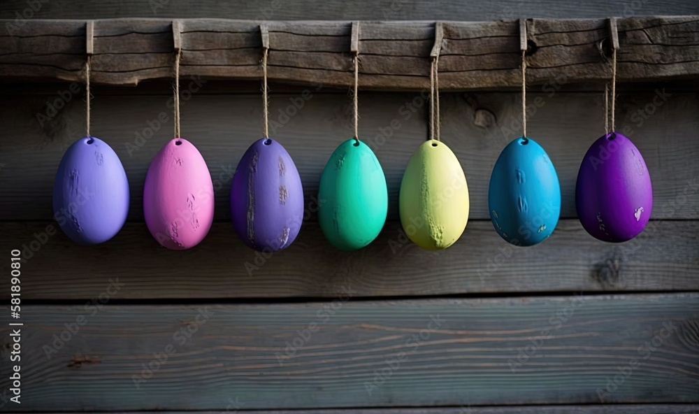  a row of colored eggs hanging from a line on a wooden wall with a wooden fence in the background an