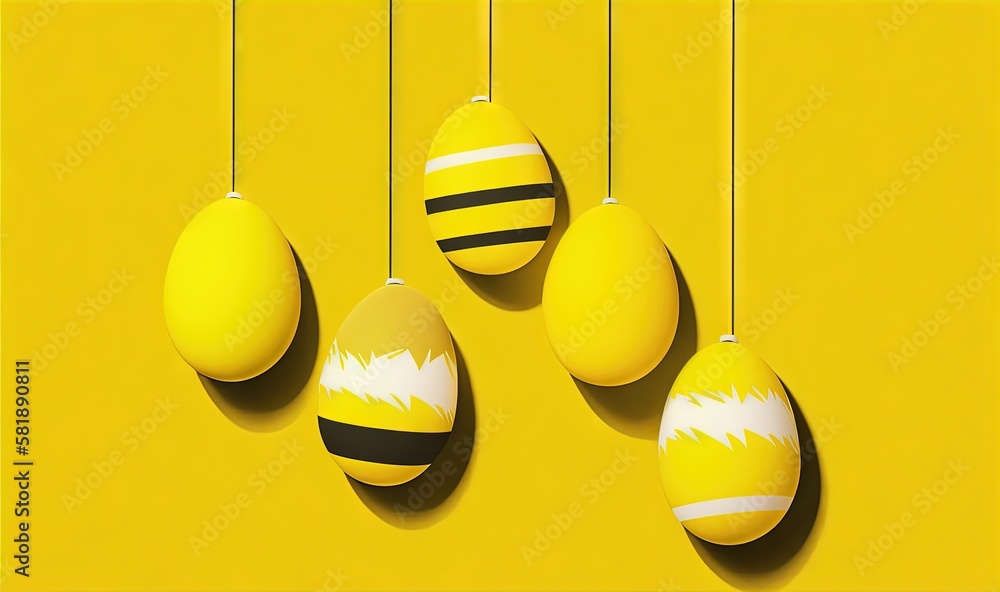  a group of yellow eggs hanging from a line on a yellow wall with a black and white stripe on one of