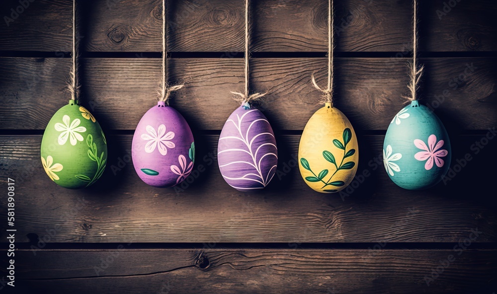  a row of painted easter eggs hanging on a string on a wooden wall with a flower design on the top o