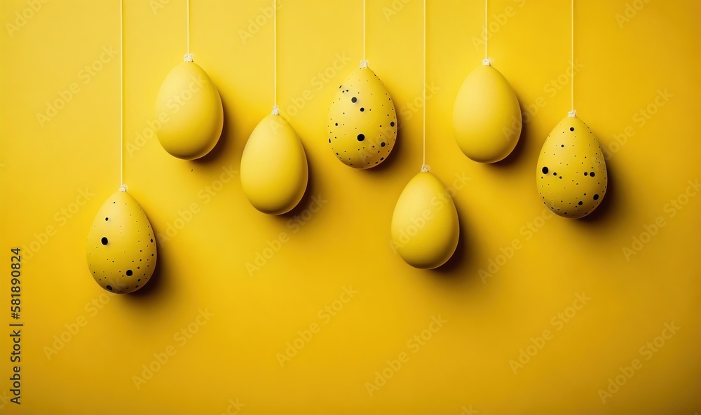  a group of eggs hanging from strings on a yellow wall with black dots on them and a black dot on th