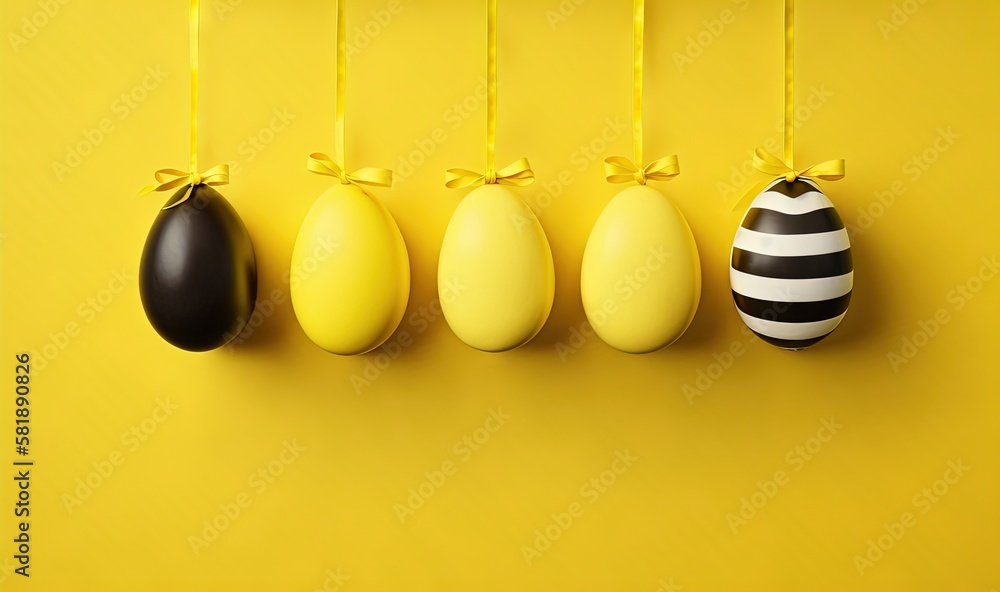  a row of easter eggs hanging from a line on a yellow background with a bow on the end of each egg a