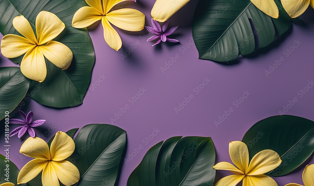  a purple background with yellow and purple flowers and green leaves on top of a purple surface with