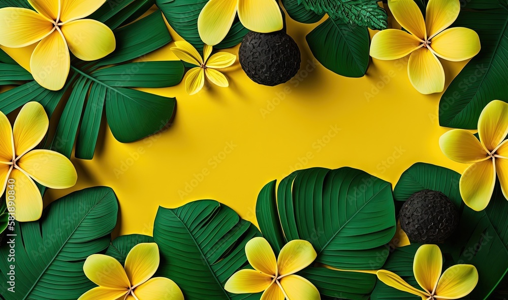  a yellow background with green leaves and yellow flowers on a yellow background with space for a te