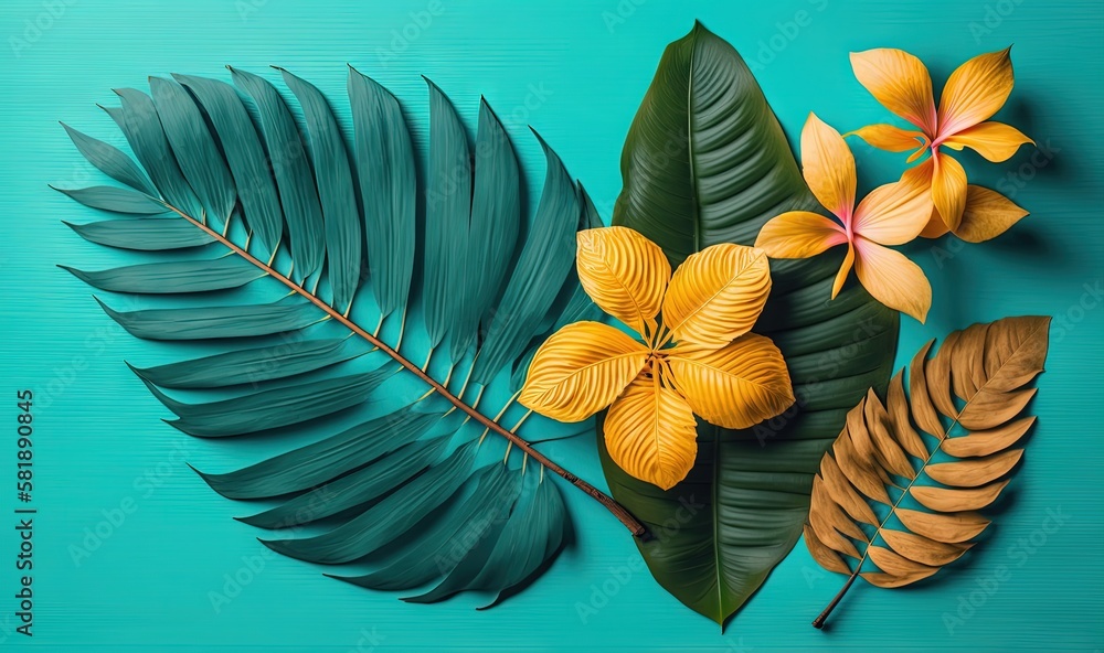  a group of tropical leaves and flowers on a blue background with a place for the text on the left s