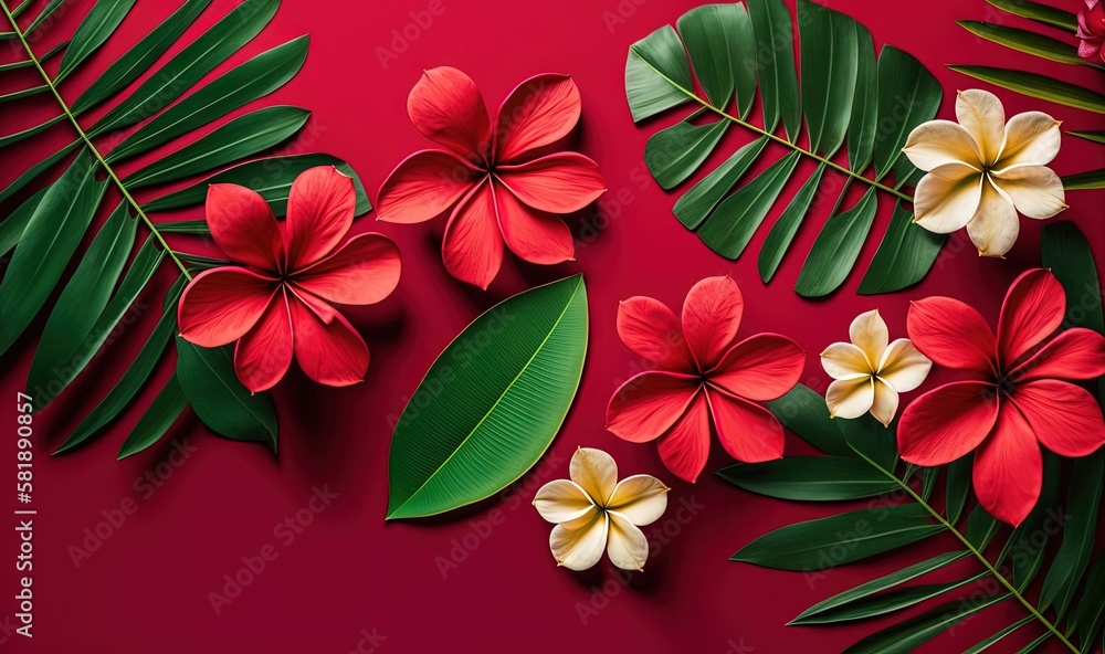  a red background with red and white flowers and green leaves on a red background with a red backgro