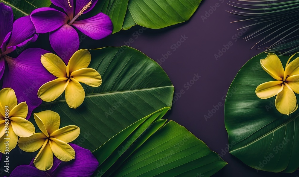  purple and yellow flowers and green leaves on a purple background with a purple background and a pu