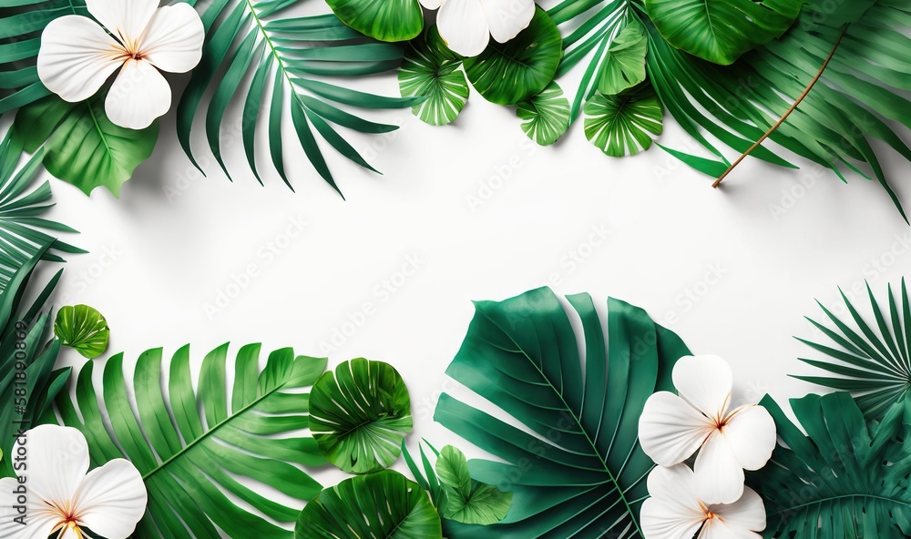  tropical leaves and flowers arranged on a white background with a place for the text or a picture o