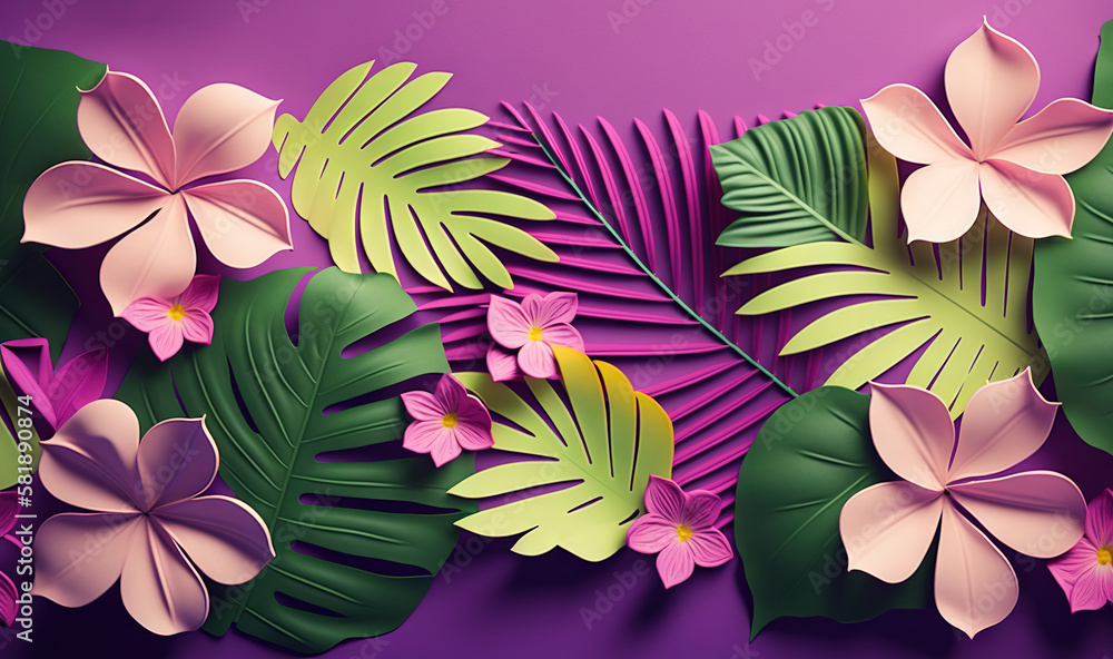  a purple background with pink and green leaves and flowers on it, and a purple background with pink