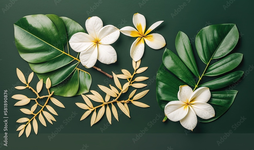  a group of flowers and leaves on a green background with a white and yellow center flower on a gree