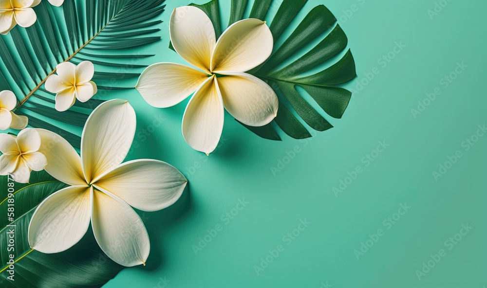  two white flowers and green leaves on a blue background with a shadow of the leaves of a palm tree 