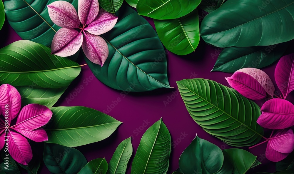  a bunch of green leaves and pink flowers on a purple background with a purple background and a purp