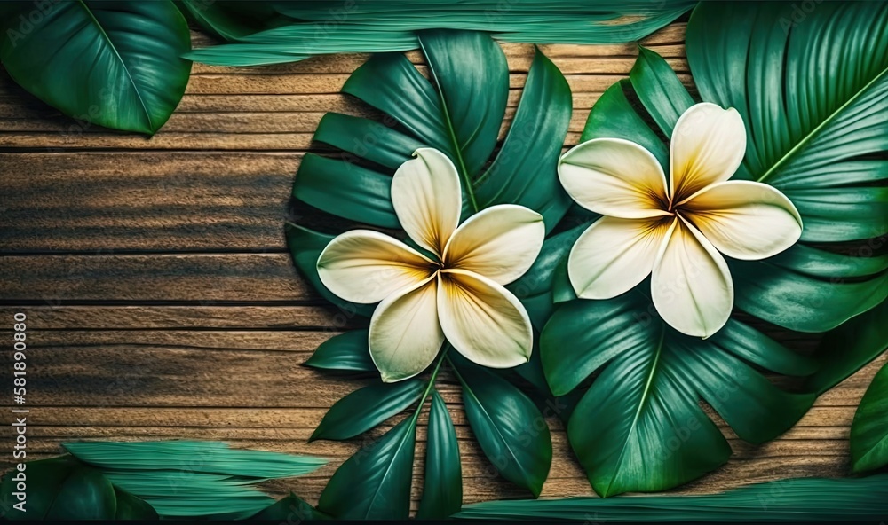  a wooden table topped with green leaves and white flowers on top of a wooden surface with a wooden 