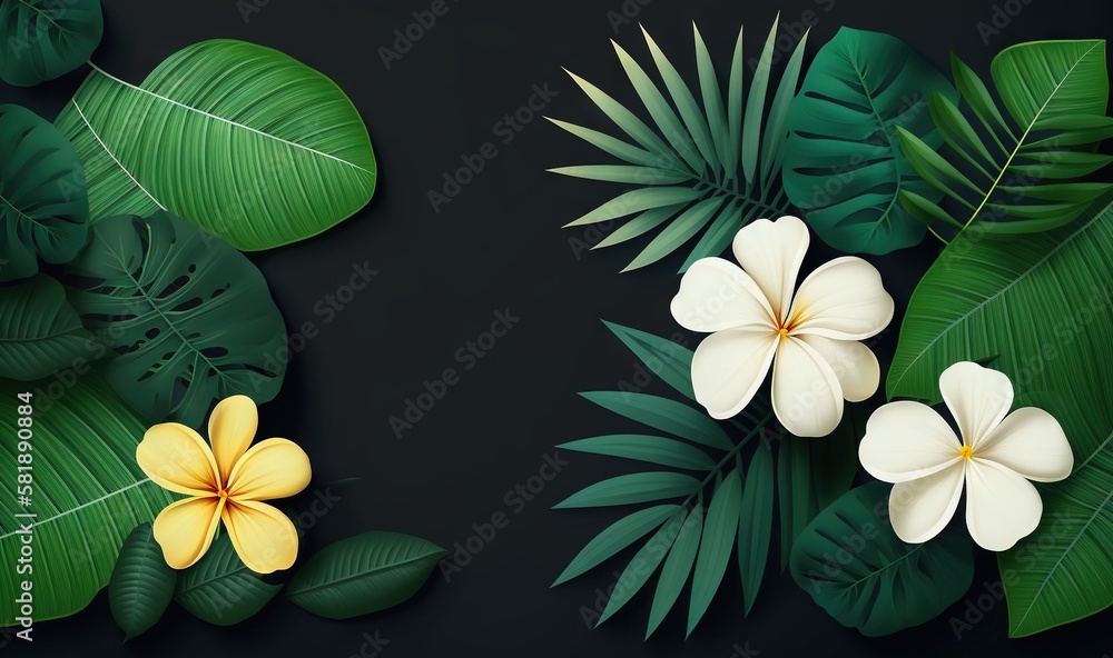  tropical leaves and flowers on a black background with a place for the text in the middle of the im