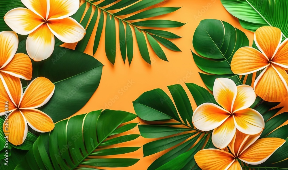  a bunch of tropical leaves and flowers on a yellow background with a place for a text or a picture 