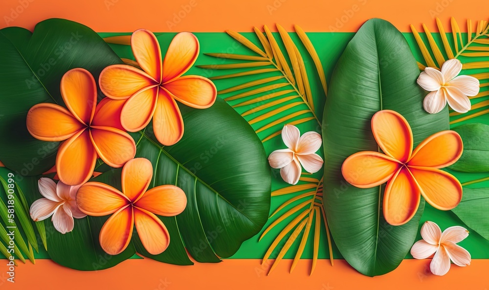  a painting of flowers and leaves on a green and orange striped background with orange and white str