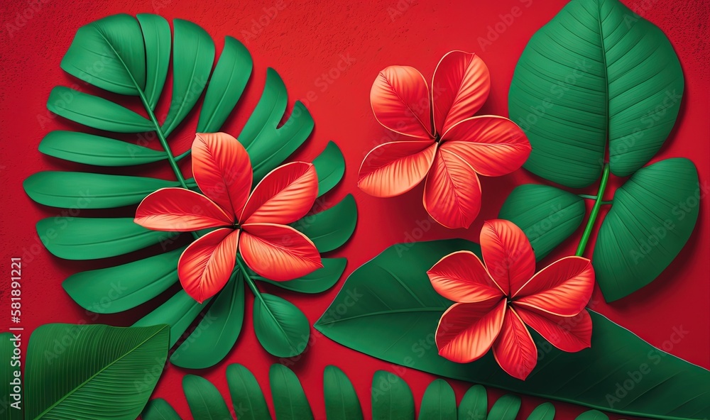  a painting of red flowers and green leaves on a red background with a red wall in the background an