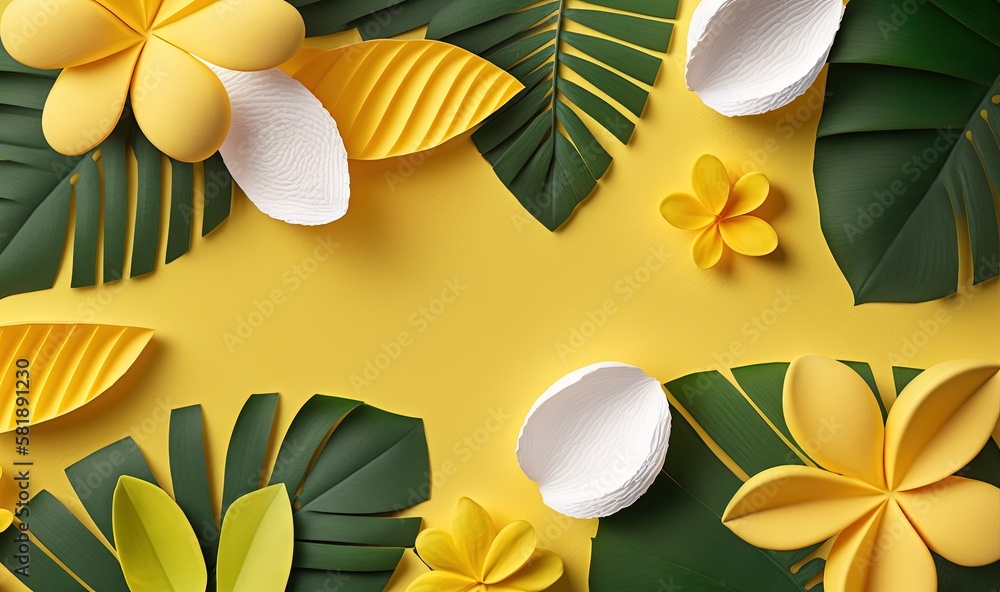  a yellow and green background with paper flowers and leaves on a yellow background with a place for