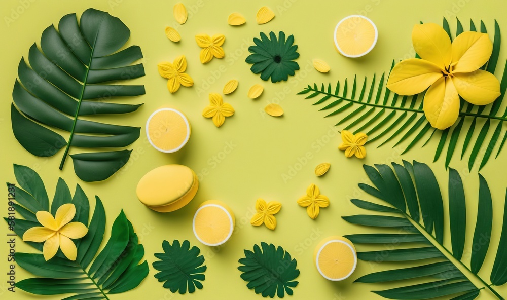  a green and yellow background with tropical leaves and flowers on a yellow background with a place 