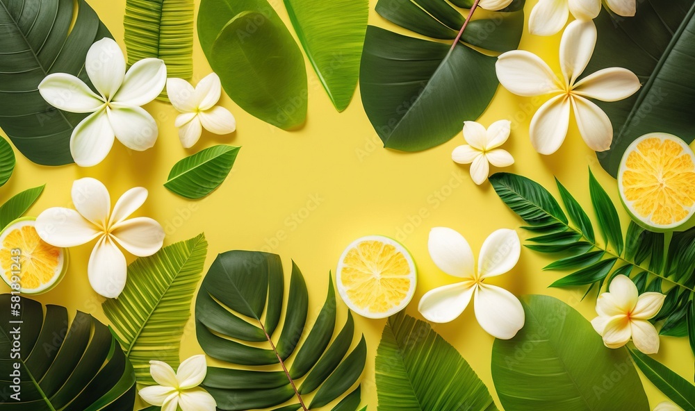  a yellow background with lemons, leaves and flowers on a yellow background with a place for a text 