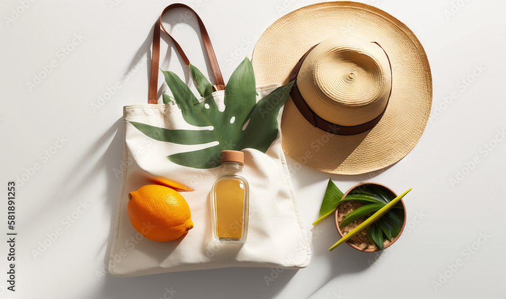  a bag, hat, and oranges on a white table with a palm leaf and a bottle of orange juice on top of it