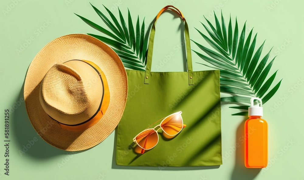  a hat, sunglasses, and sunscreen on a green background with a palm leaf and a bottle of sunscreen o