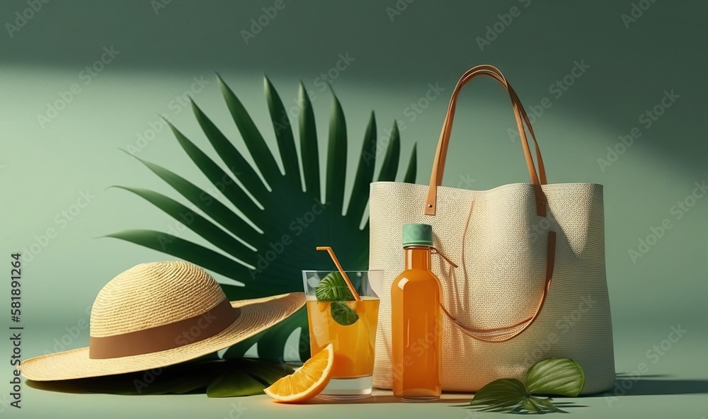  a straw hat, orange juice, and a straw hat sit next to each other on a green background with a palm