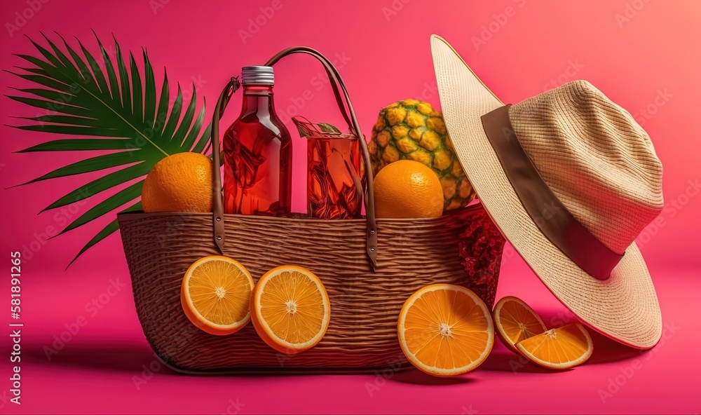  a straw hat, oranges, pineapple, pineapple juice, and pineapples sit in a basket on a pink backgrou