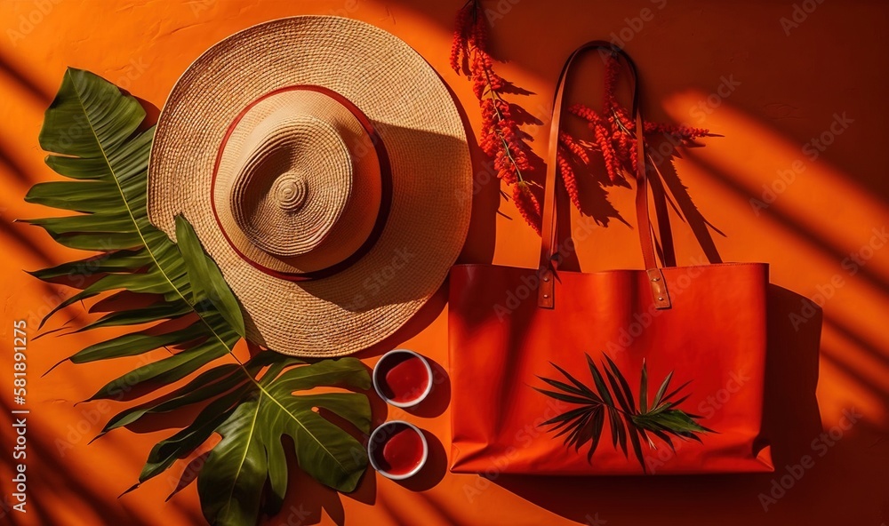  a straw hat, sunglasses, a palm leaf, and a tote bag on an orange background with a palm leaf and t