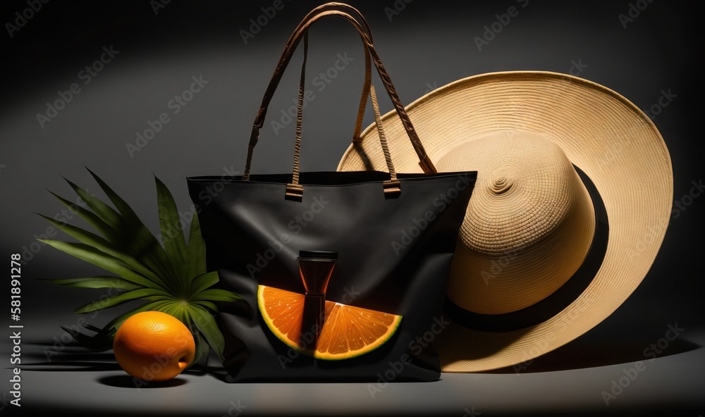  a hat, a bag, and an orange are on a black background with a palm leaf and a pineapple on the side 