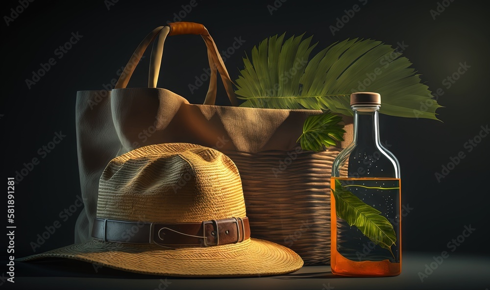  a hat, a bottle of oil, and a straw hat sit next to each other on a black background with a green l