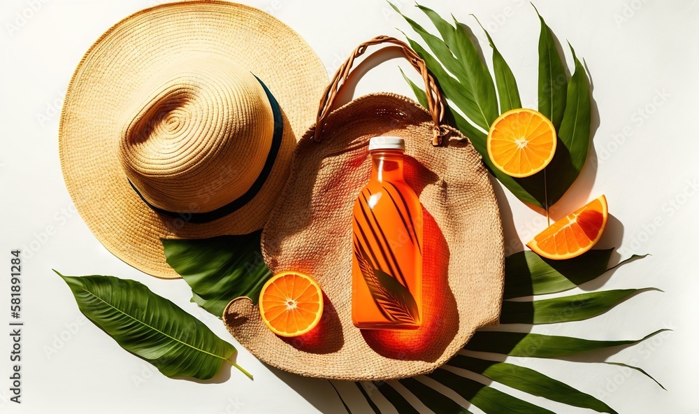  a straw hat, oranges, and a bottle of orange juice on a white surface with palm leaves and a straw 