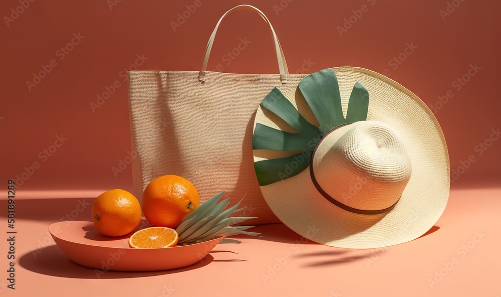  a straw hat, oranges, and a straw bag on a pink surface with a palm leaf and a pineapple in a bowl.