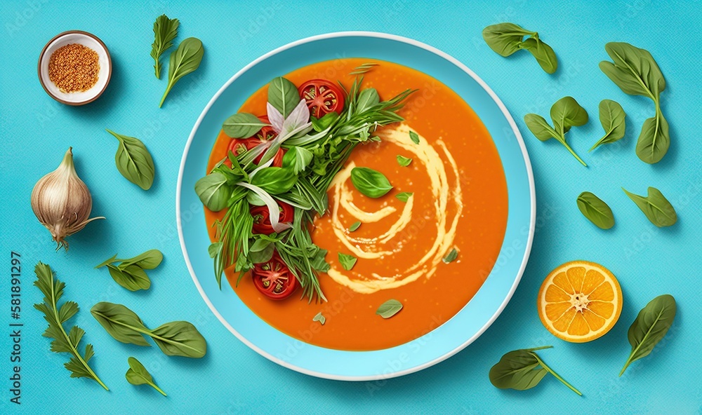  a bowl of tomato soup with basil, tomatoes, and garlic on a blue surface with a spoon and a slice o