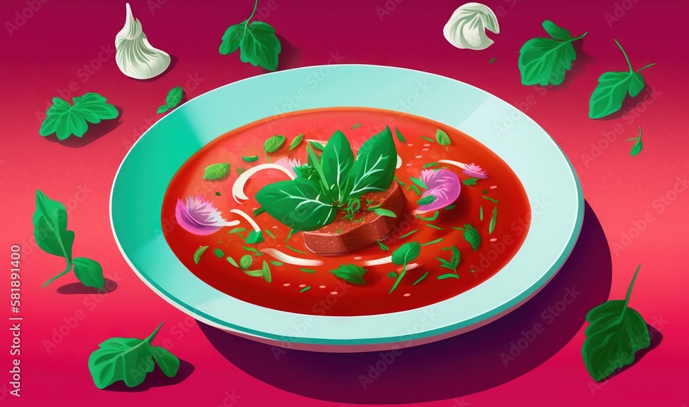  a bowl of tomato soup with basil and garlic on a pink background with green leaves and garlic clove