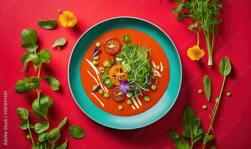  a plate of food with vegetables and sauce on a red surface with flowers and herbs around it on a bl