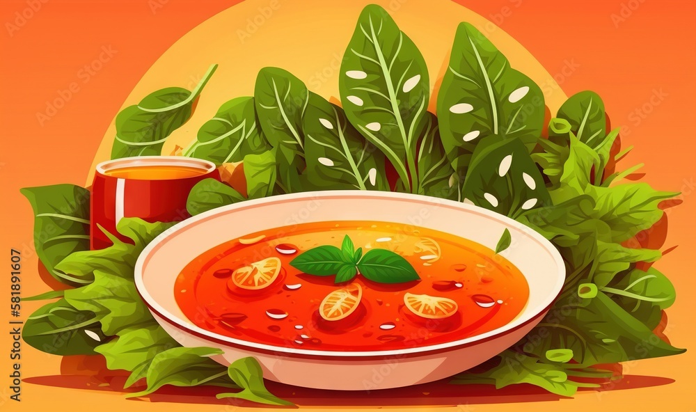  a bowl of tomato soup with basil leaves and a glass of orange juice on an orange background with a 