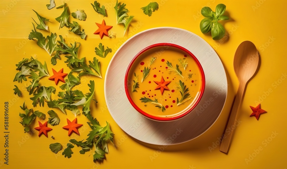  a bowl of carrot soup with sprigs of parsley on a yellow background with a spoon and star shaped de