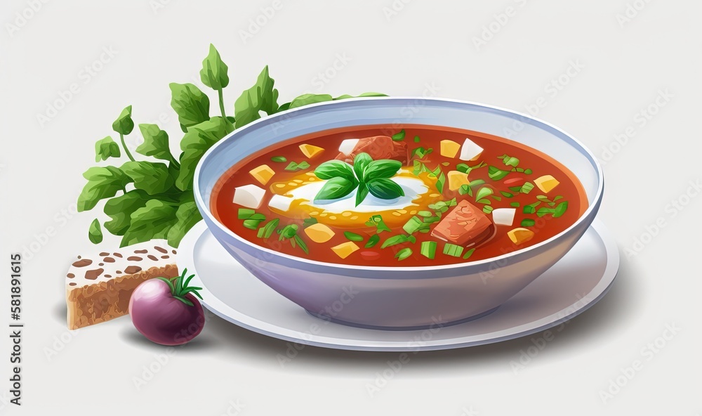  a bowl of soup and a slice of bread on a plate with a green leafy garnish on top of the soup is nex