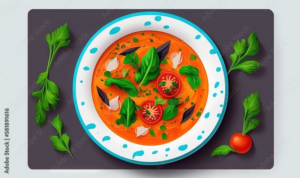  a bowl of tomato soup with basil and tomatoes on a gray background with leaves and tomatoes on a wh