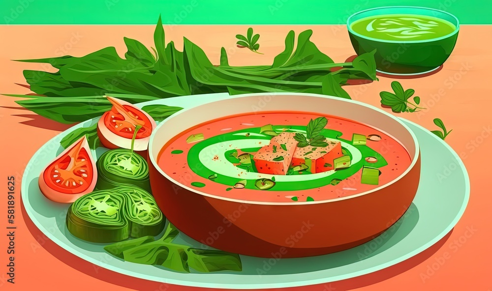  a bowl of soup on a plate next to some vegetables and a cup of green tea on a table with a green le