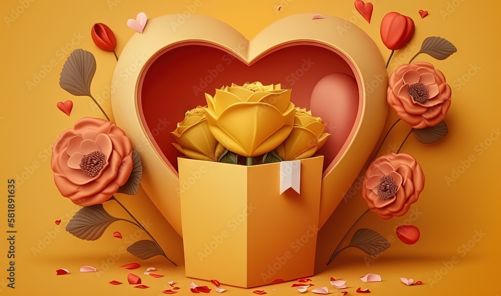  a heart shaped box filled with flowers on a yellow background with a red rose in the middle of the 