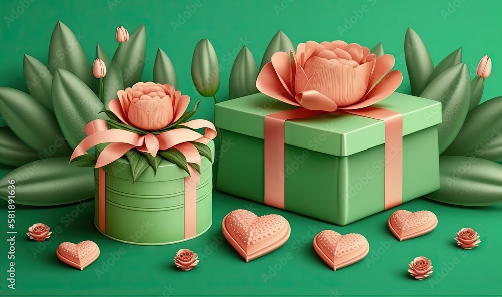  a green box with a pink flower and hearts around it on a green background with pink flowers and hea