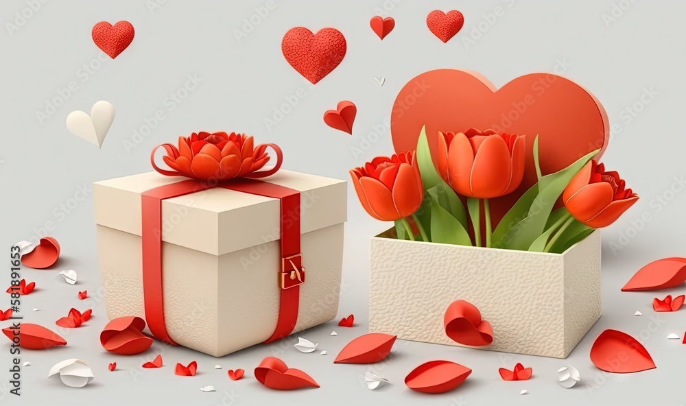  a gift box with a bow and a bouquet of tulips with hearts floating around it on a gray background w