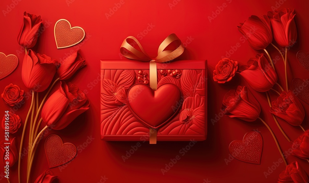  a red box with a heart on it surrounded by red roses and hearts on a red background with a bow and 