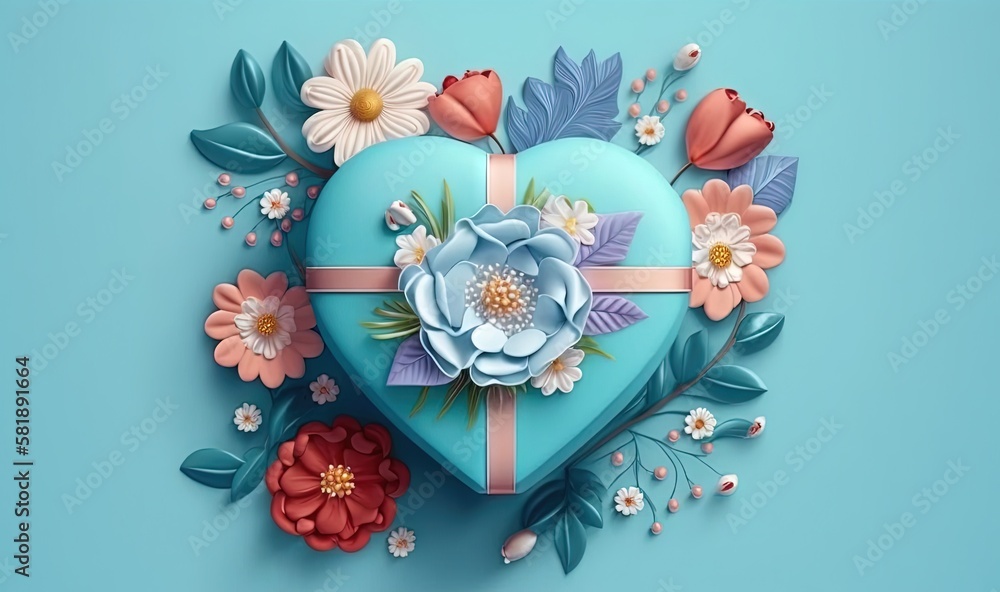  a heart shaped box with flowers and leaves on a blue background with a ribbon around the top of the