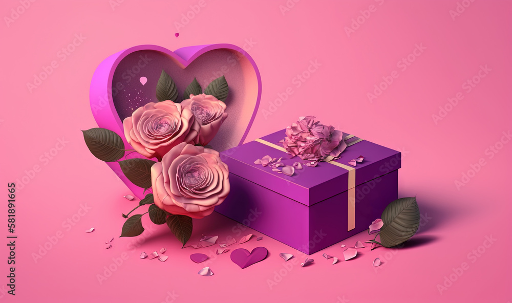  a purple box with flowers and a heart shaped box on a pink background with leaves and petals on the