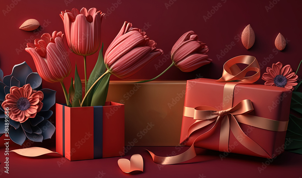  a bunch of flowers that are sitting in a vase next to a box of gifts that are wrapped in gold ribbo